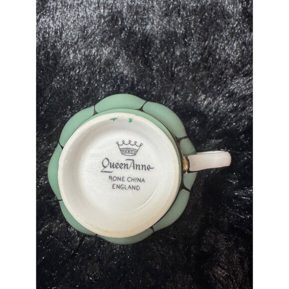 Vintage Queen Anne Bone China Creamer & Sugar Bowl Set Mint Green Floral Inside - Picture 7 of 8